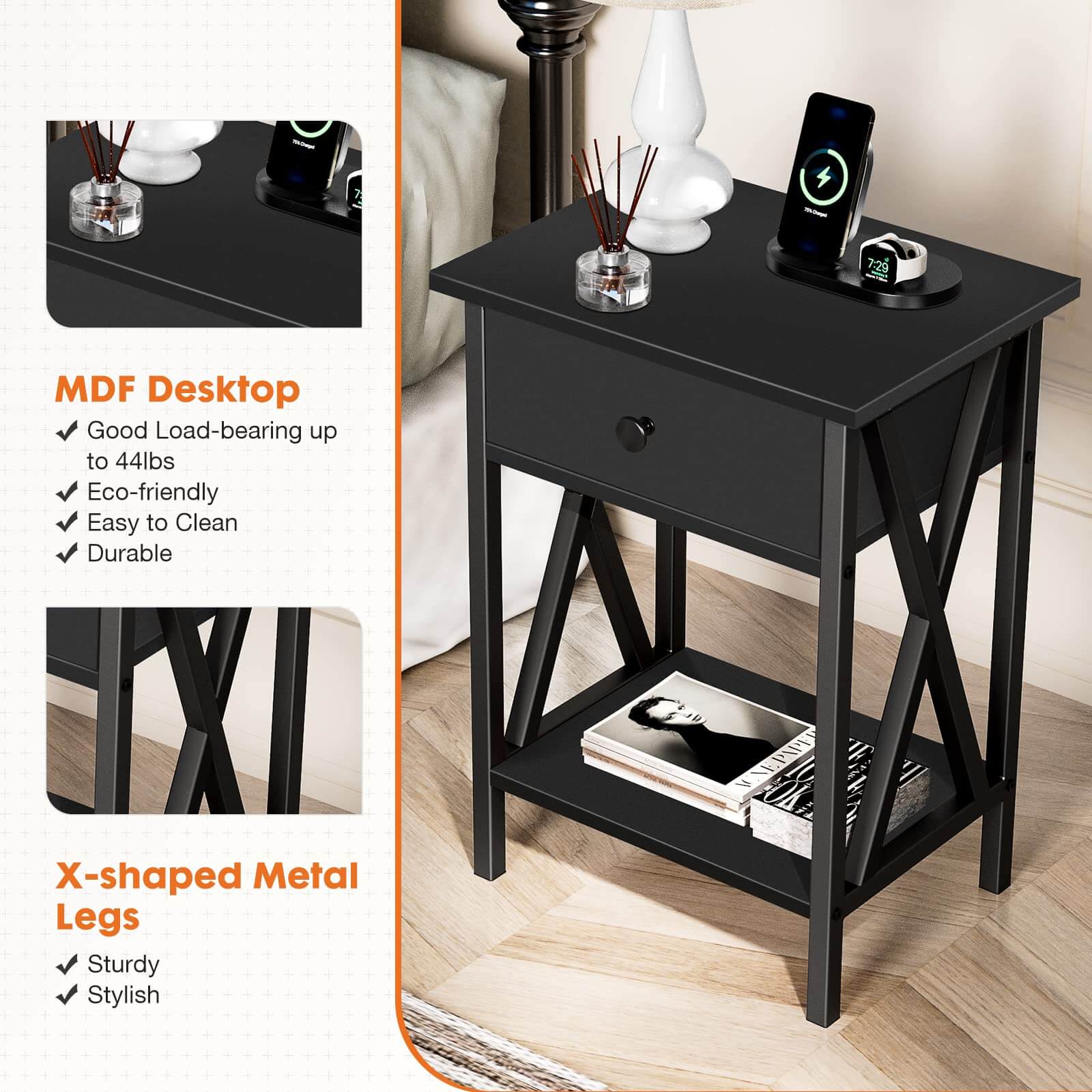 Nightstands Set of 2 Bedside Tables Night Stand with Storage Drawer