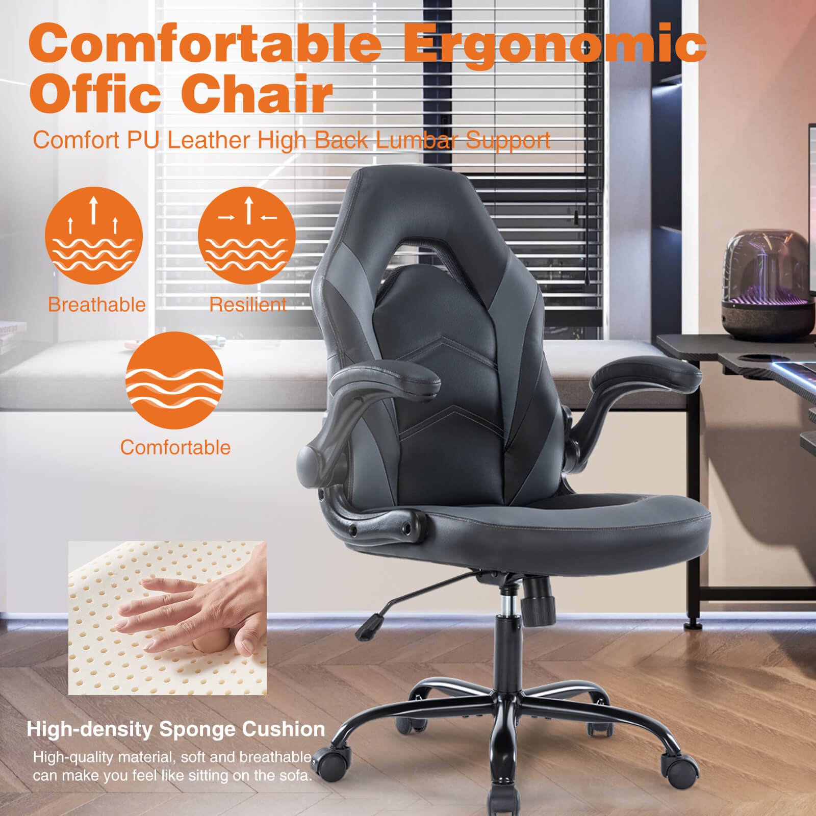 PU Leather Ergonomic Gaming Chair with Flip up Armrests and Lumbar Sup