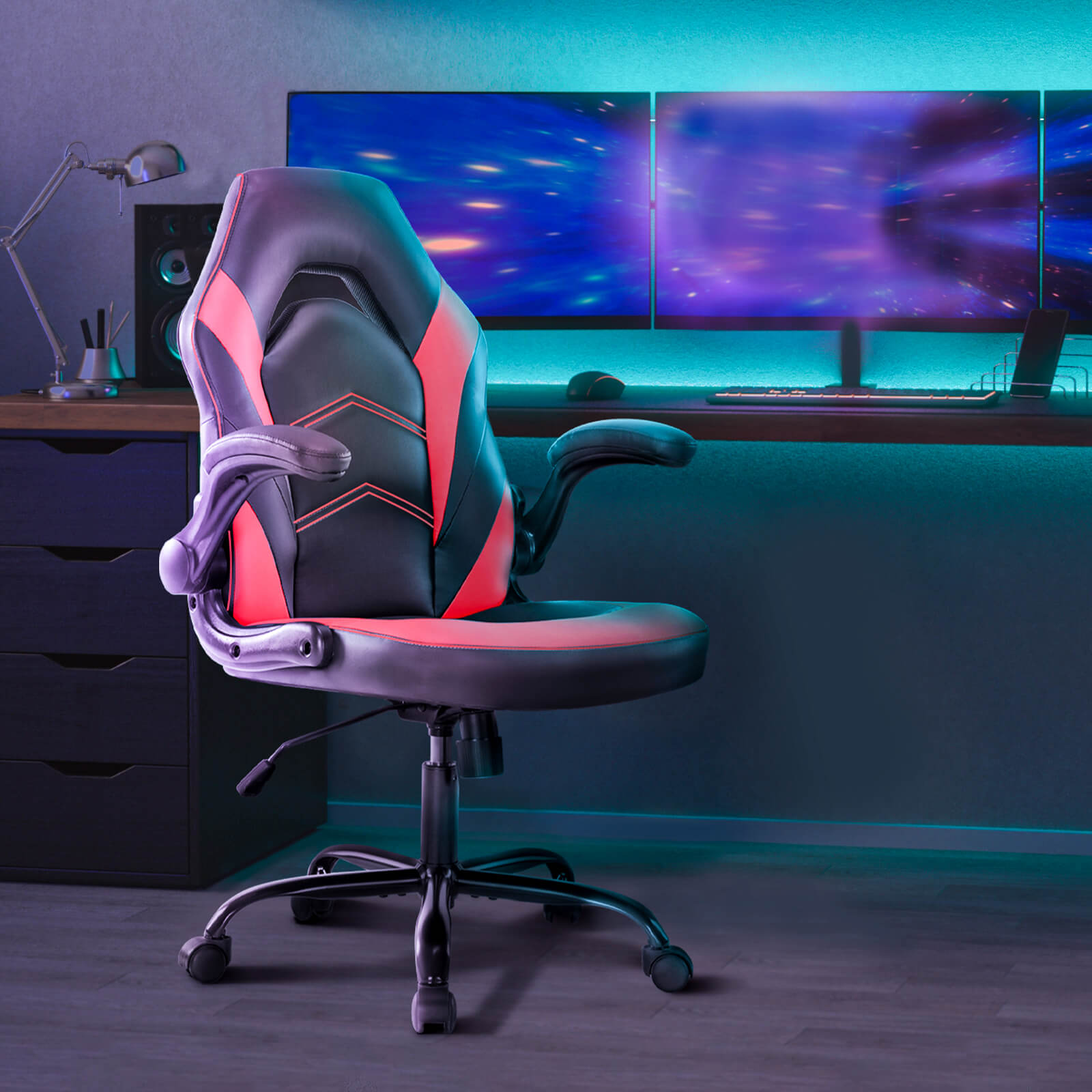 PU Leather Ergonomic Gaming Chair with Flip up Armrests and Lumbar Sup