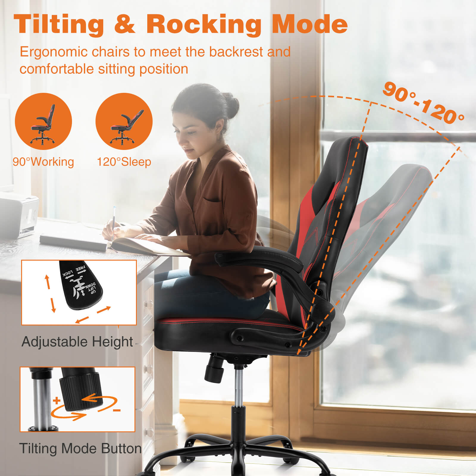 PU Leather Ergonomic Gaming Chair with Flip up Armrests and Lumbar Sup