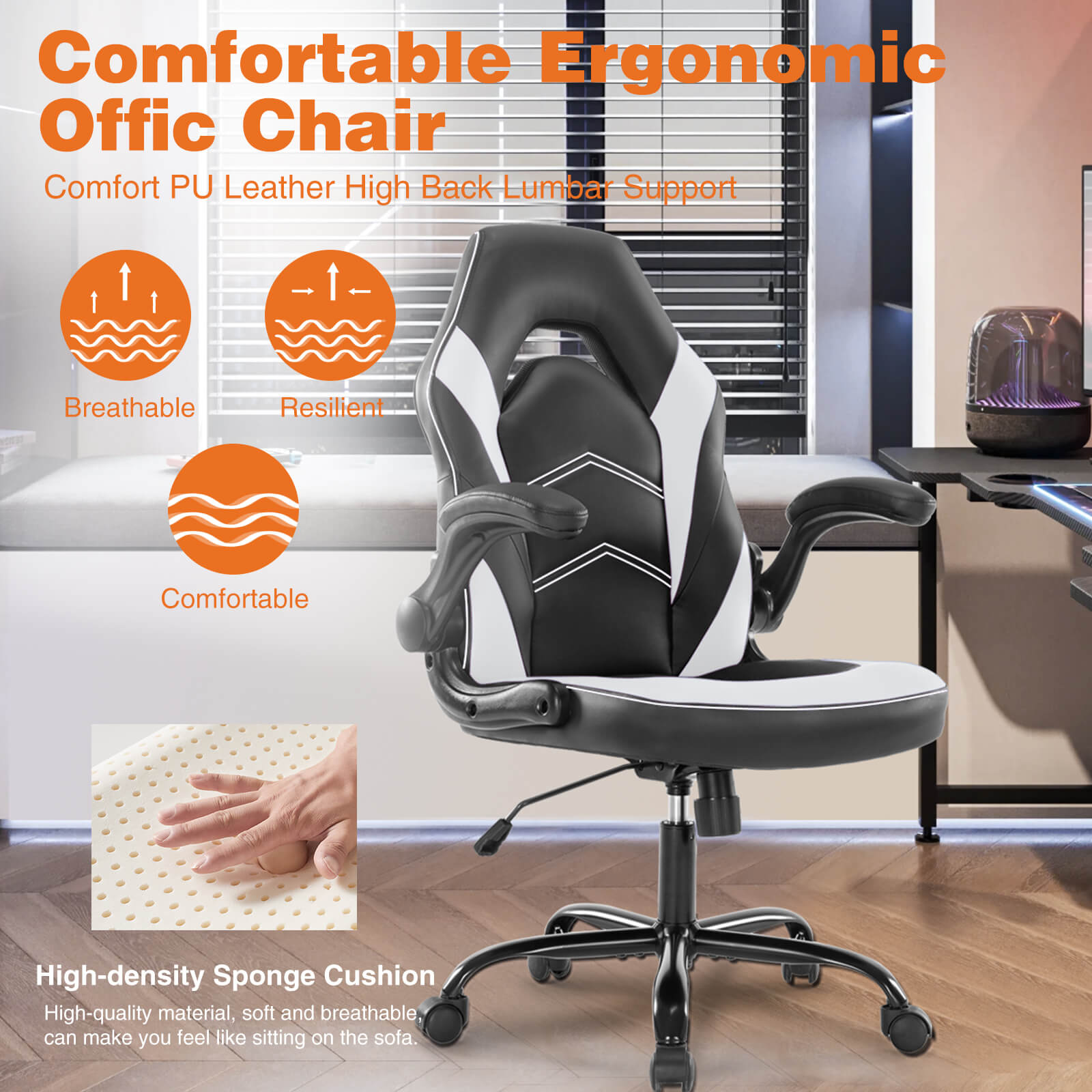 PU Leather Ergonomic Gaming Chair with Flip up Armrests and Lumbar Sup