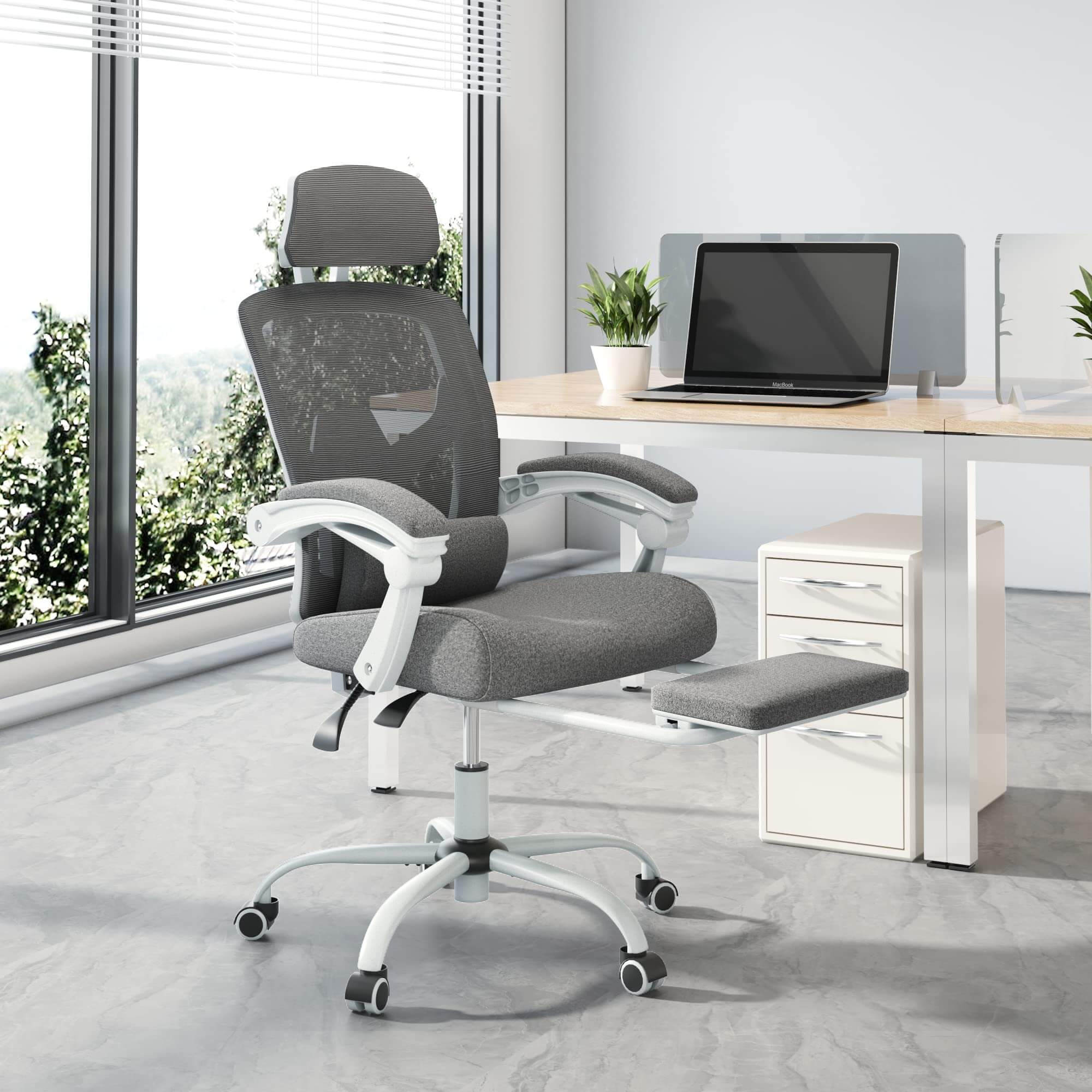 Retractable Footrest Ergonomic Swivel Office Chair with Lumbar Support  Pillow and Padded Armrests